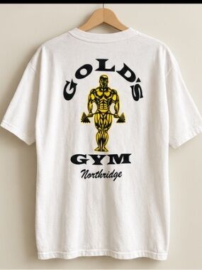 Delta White Short Sleeve Tee with Black and Yellow Gold's Gym Graphic